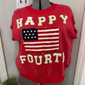 Women’s Red Sequined “Happy Fourth” Short Sleeve Sweater Large